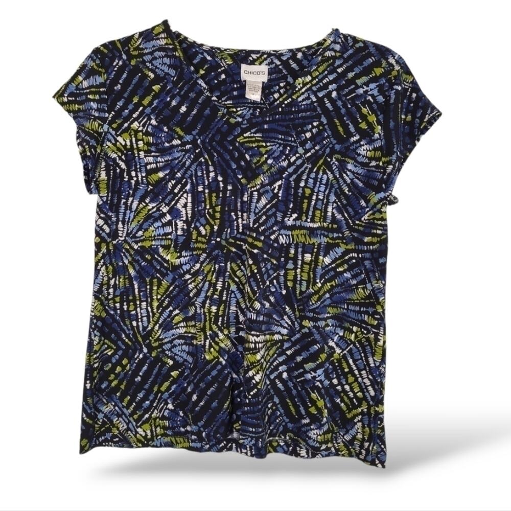 CHICOS EasyWear V Neck Cap Sleeve Stretch Top -Starburst- Blue - Green - Size 1